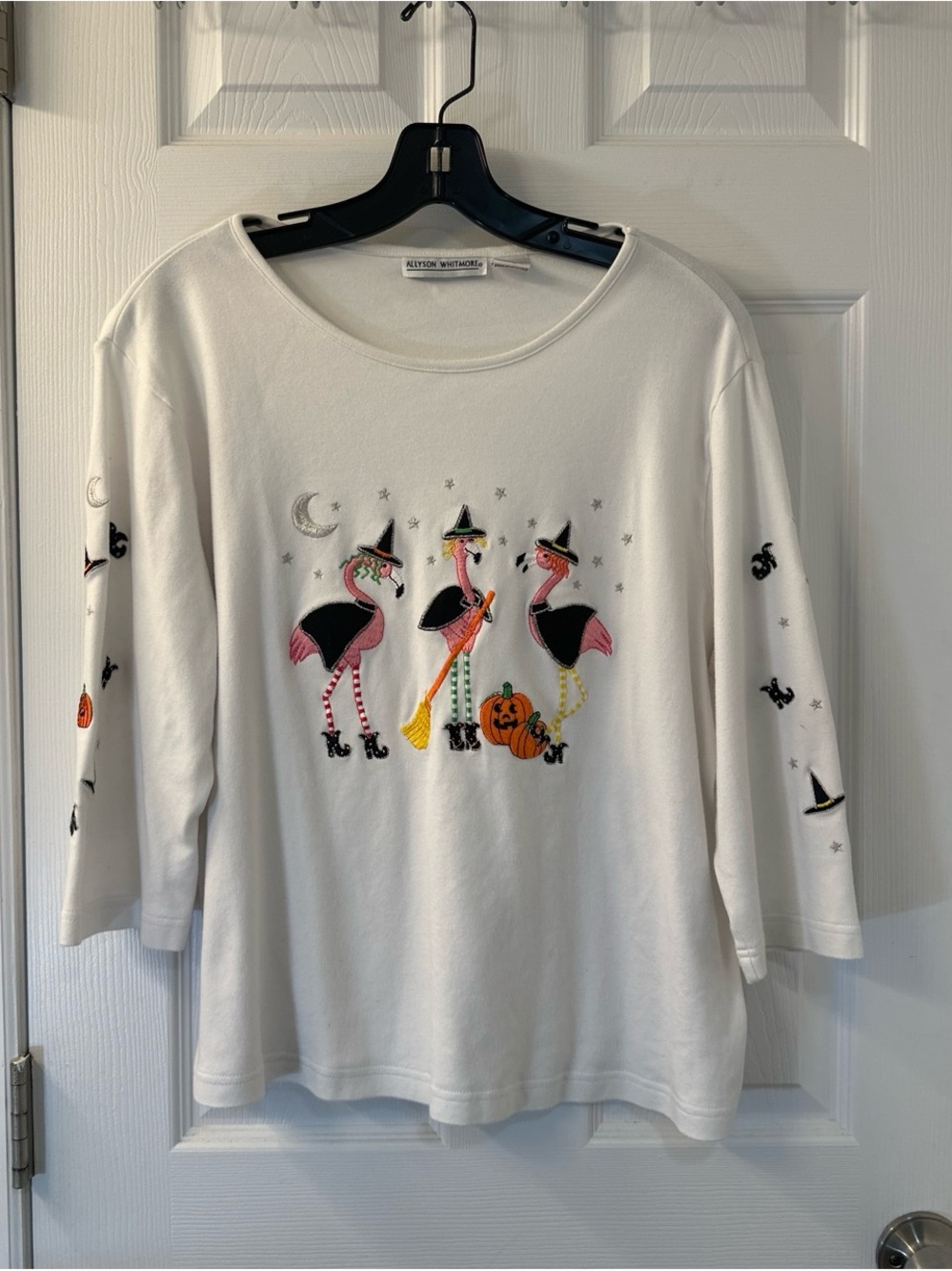 Embroidered White Halloween 3/4 Top w/ Flamingos